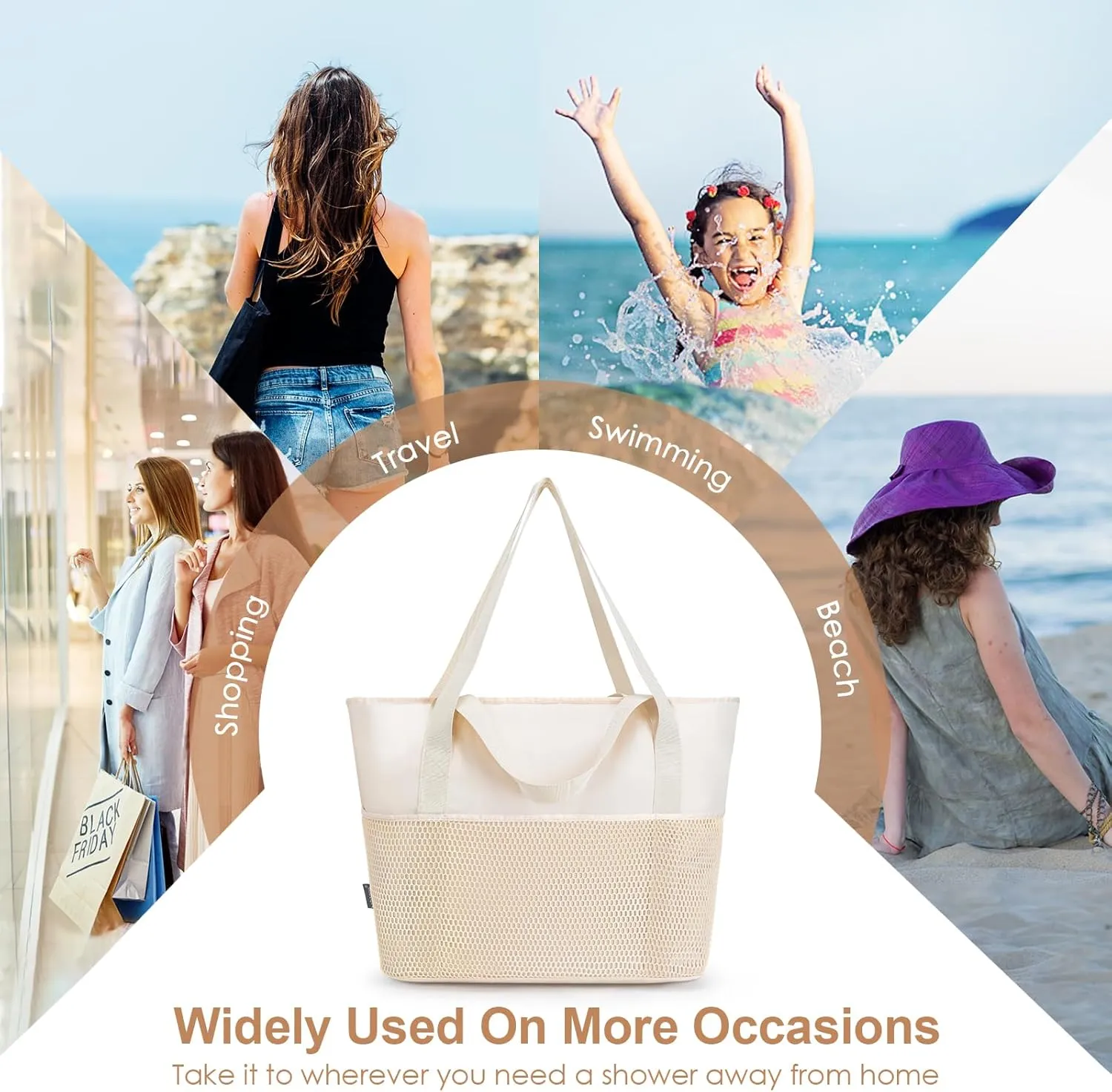 KABAQOO Large Beach Bag Waterproof Sandproof Tote Bag for Women with Zipper & Mesh Pockets for Pool Swim Travel Everyday