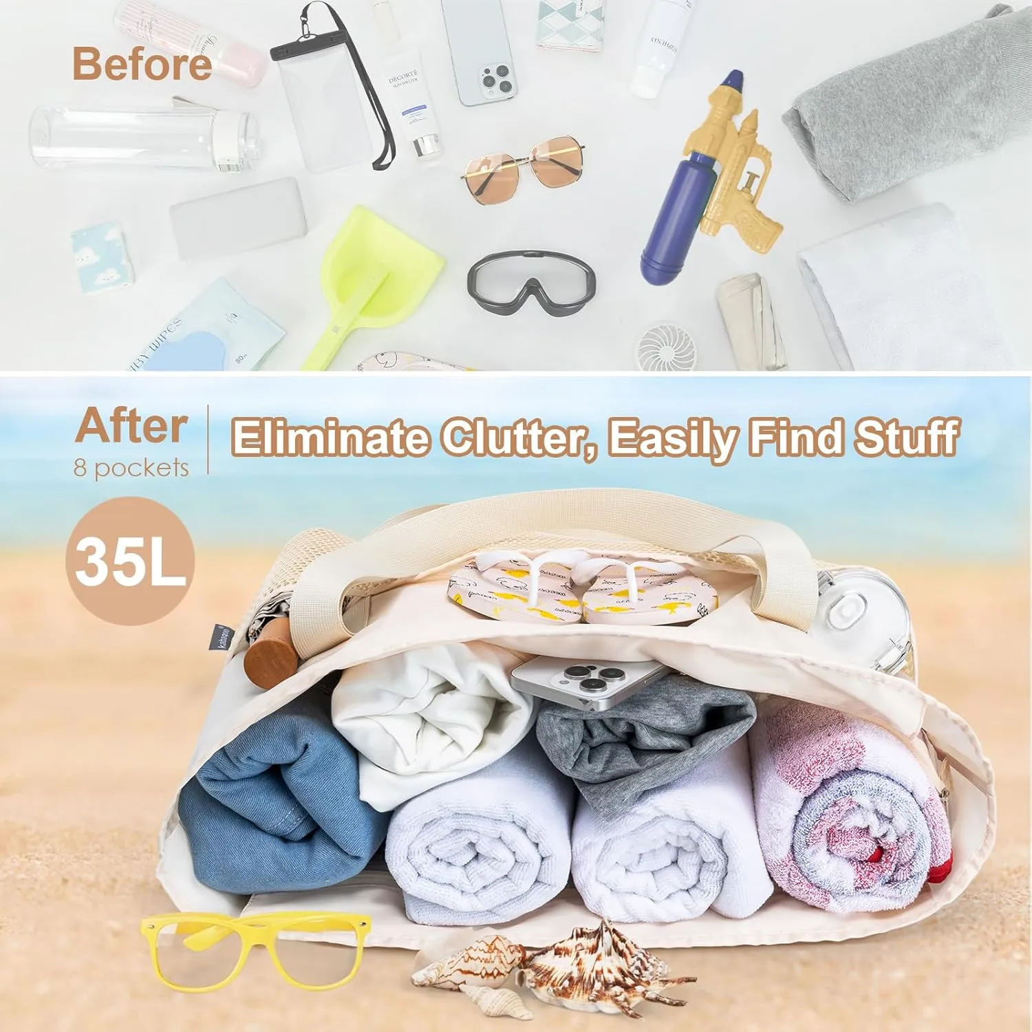 KABAQOO Large Beach Bag Waterproof Sandproof Tote Bag for Women with Zipper & Mesh Pockets for Pool Swim Travel Everyday