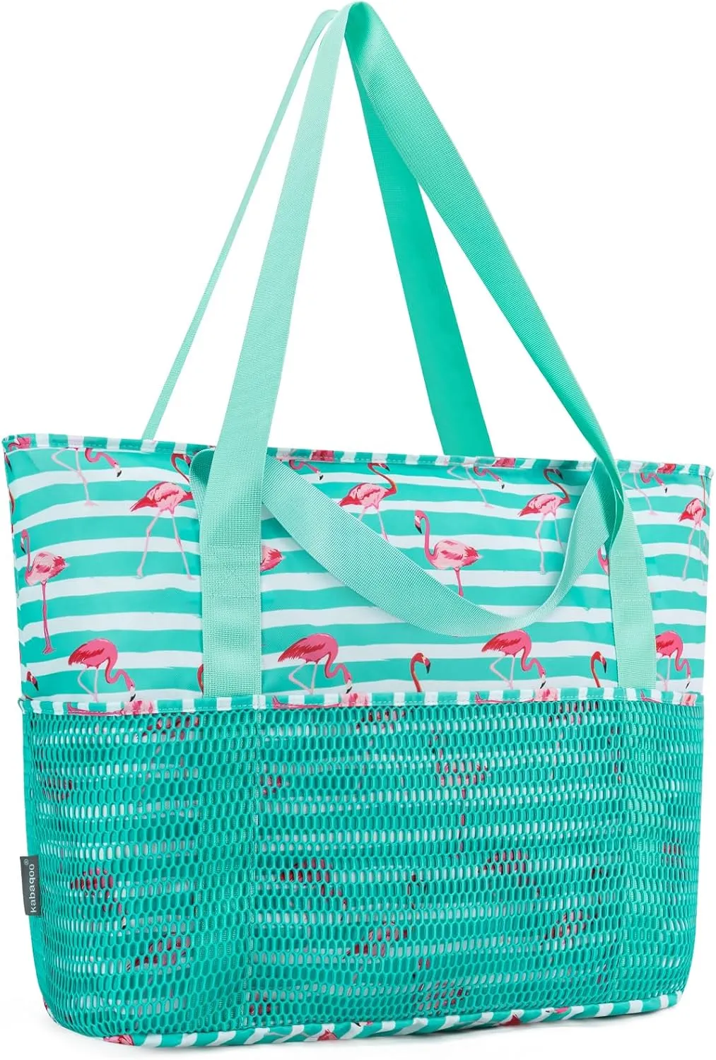 KABAQOO Large Beach Bag Waterproof Sandproof Tote Bag for Women with Zipper & Mesh Pockets for Pool Swim Travel Everyday