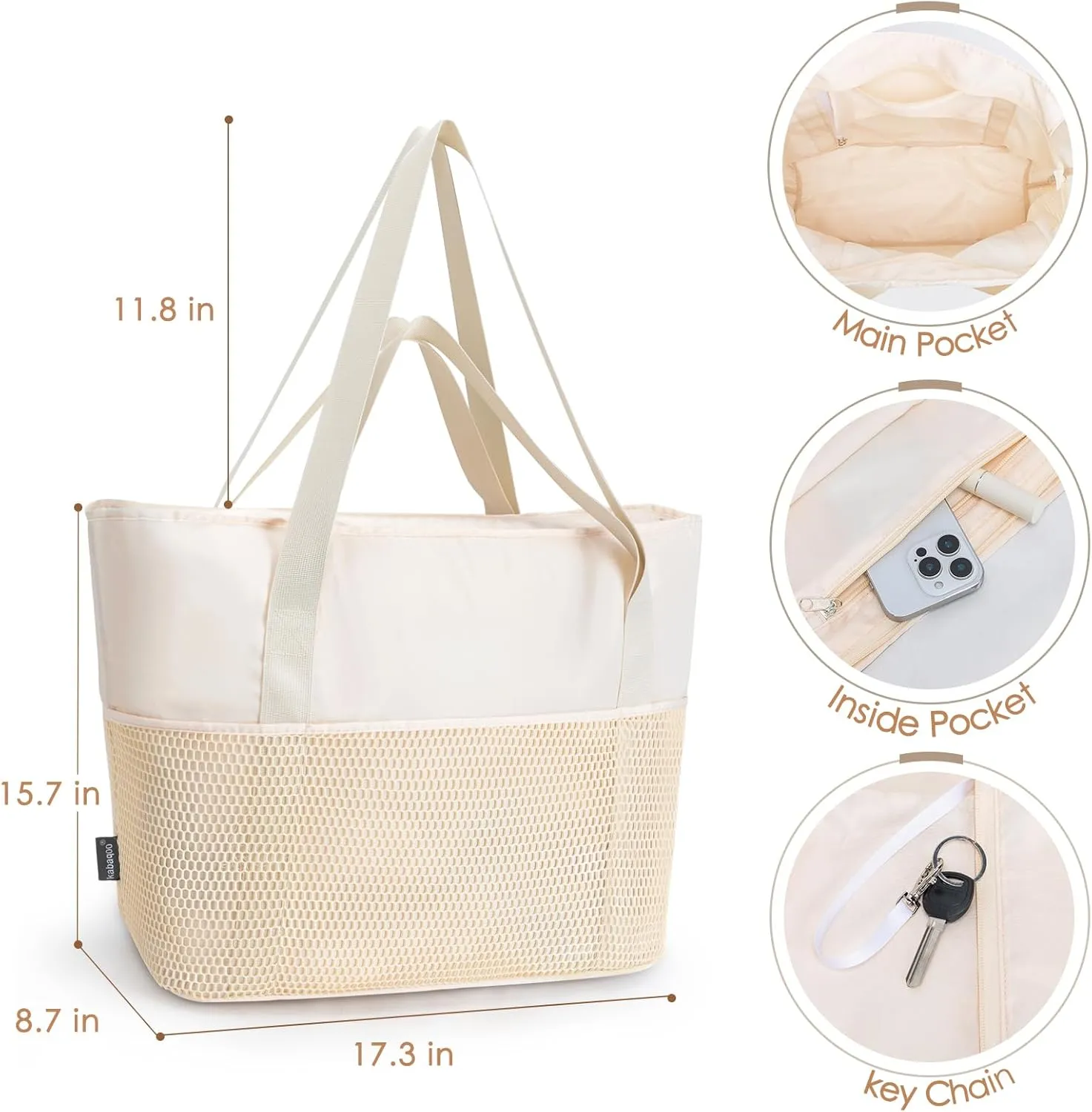 KABAQOO Large Beach Bag Waterproof Sandproof Tote Bag for Women with Zipper & Mesh Pockets for Pool Swim Travel Everyday