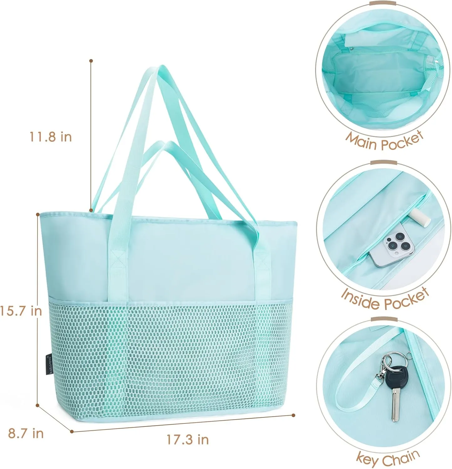 KABAQOO Large Beach Bag Waterproof Sandproof Tote Bag for Women with Zipper & Mesh Pockets for Pool Swim Travel Everyday