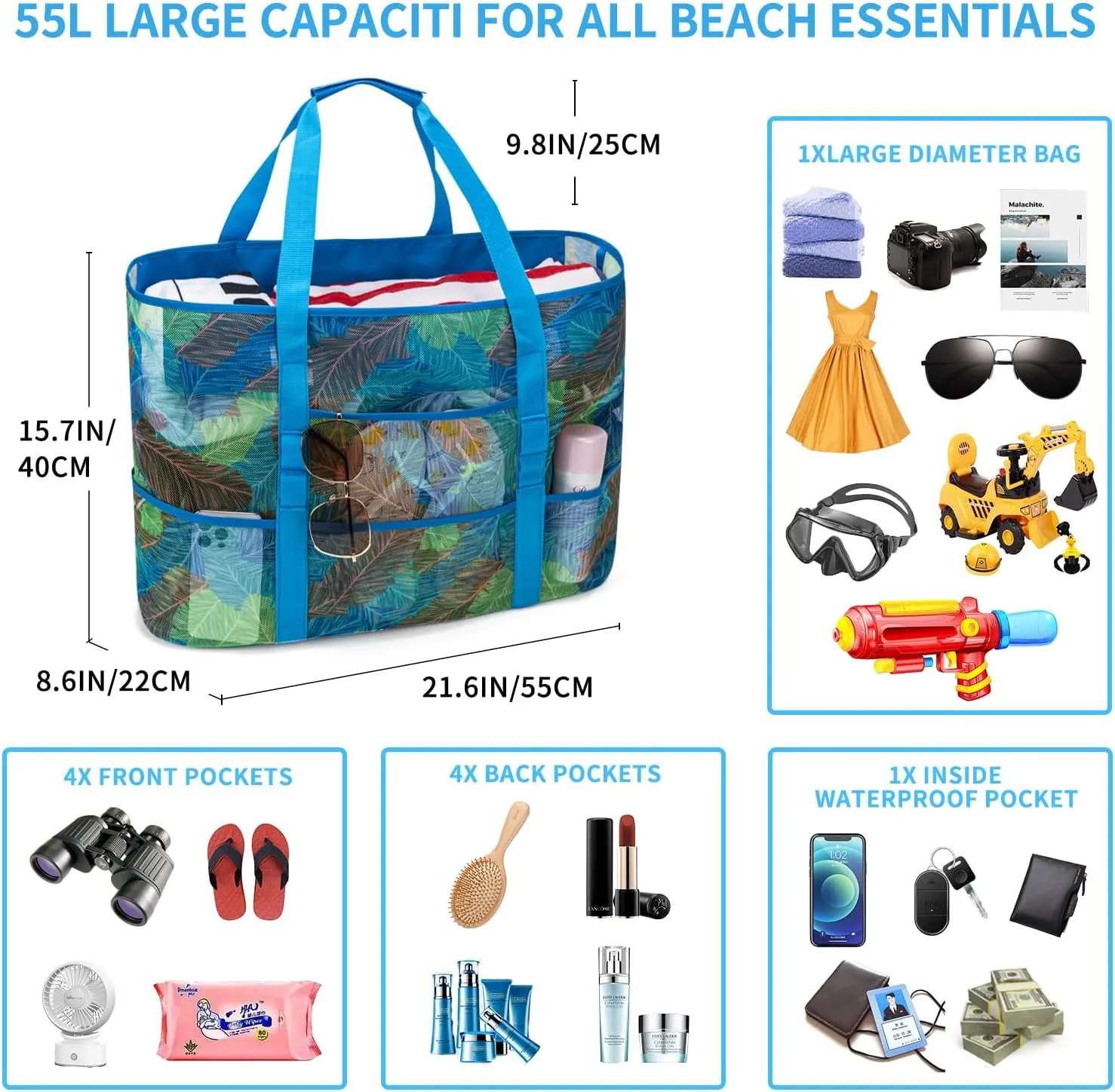KABAQOO Mesh Beach Bag, Extra Large Beach Bags with 9 Pockets & Zipper Waterproof Lightweight Beach Tote for Beach/Pool Trip