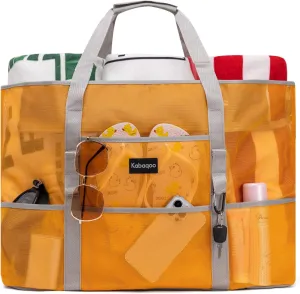 KABAQOO Mesh Beach Bag, Extra Large Beach Bags with 9 Pockets & Zipper Waterproof Lightweight Beach Tote for Beach/Pool Trip