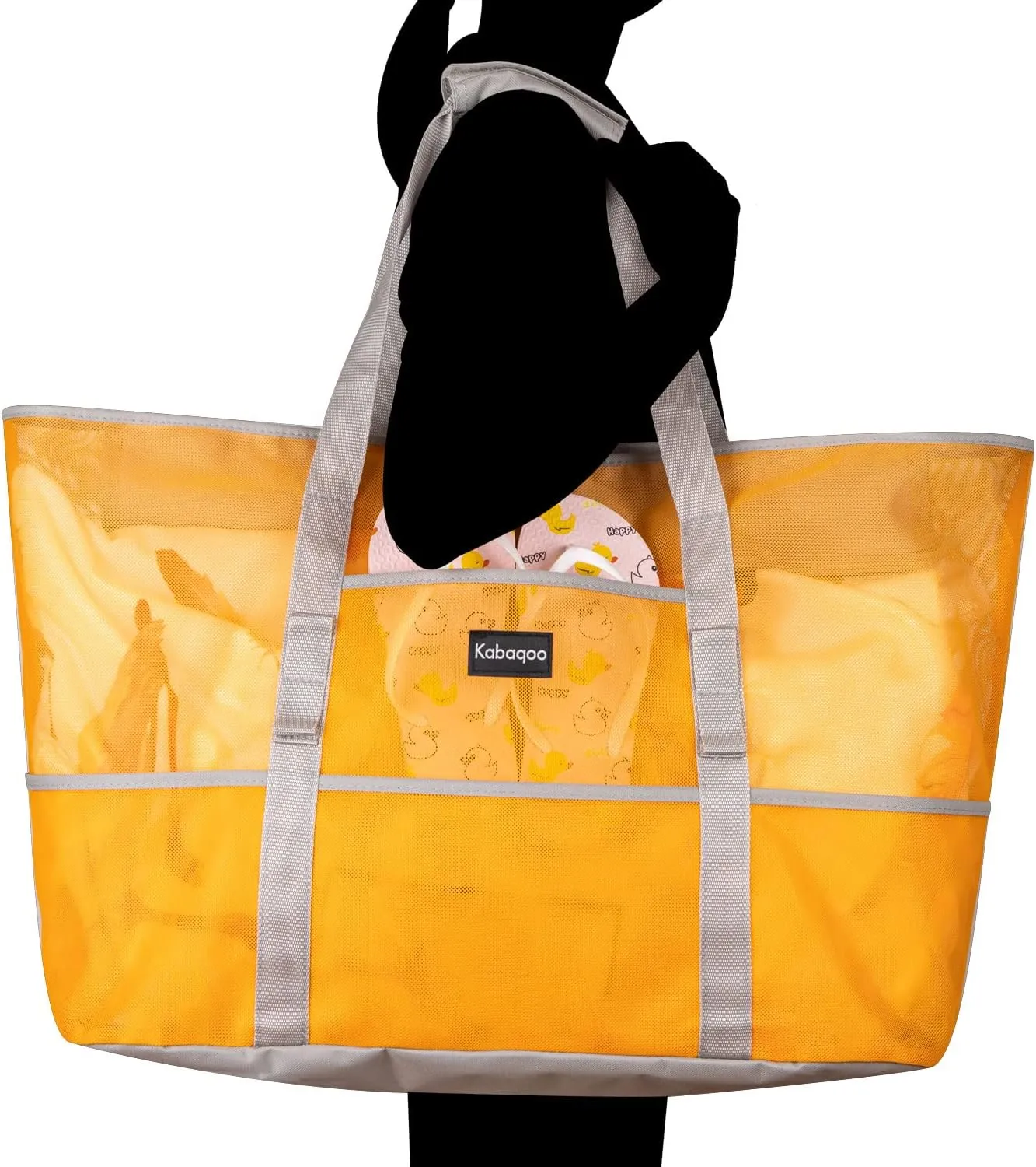 KABAQOO Mesh Beach Bag, Extra Large Beach Bags with 9 Pockets & Zipper Waterproof Lightweight Beach Tote for Beach/Pool Trip