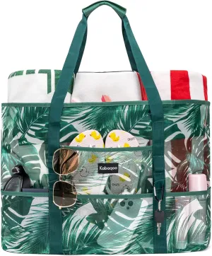 KABAQOO Mesh Beach Bag, Extra Large Beach Bags with 9 Pockets & Zipper Waterproof Lightweight Beach Tote for Beach/Pool Trip