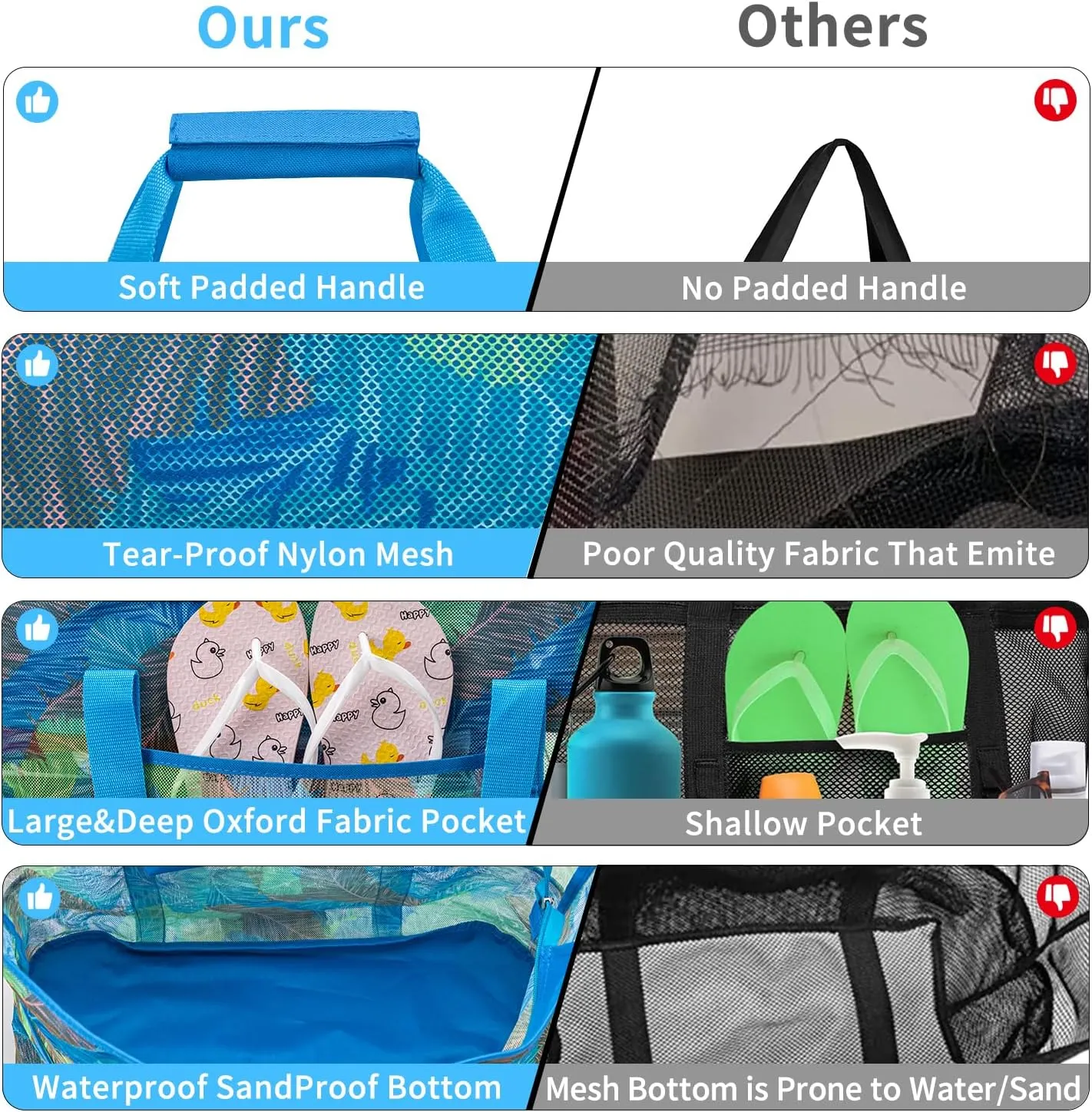 KABAQOO Mesh Beach Bag, Extra Large Beach Bags with 9 Pockets & Zipper Waterproof Lightweight Beach Tote for Beach/Pool Trip