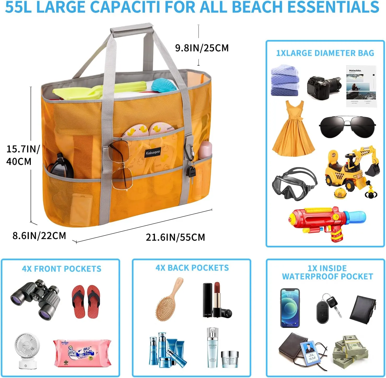 KABAQOO Mesh Beach Bag, Extra Large Beach Bags with 9 Pockets & Zipper Waterproof Lightweight Beach Tote for Beach/Pool Trip