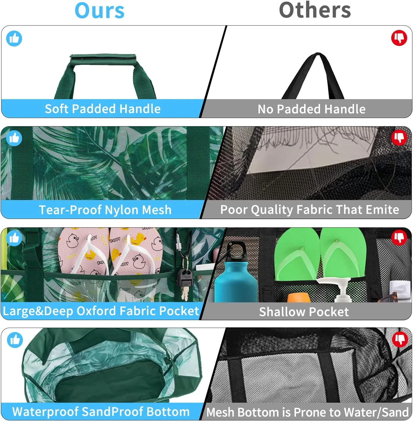 KABAQOO Mesh Beach Bag, Extra Large Beach Bags with 9 Pockets & Zipper Waterproof Lightweight Beach Tote for Beach/Pool Trip