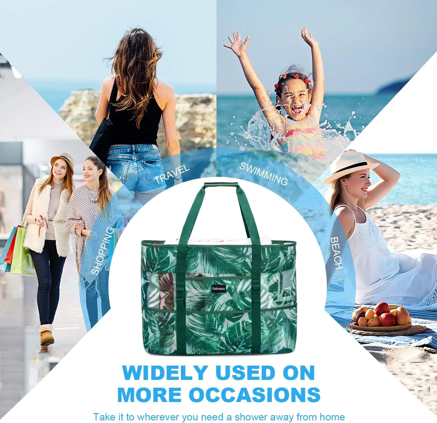 KABAQOO Mesh Beach Bag, Extra Large Beach Bags with 9 Pockets & Zipper Waterproof Lightweight Beach Tote for Beach/Pool Trip