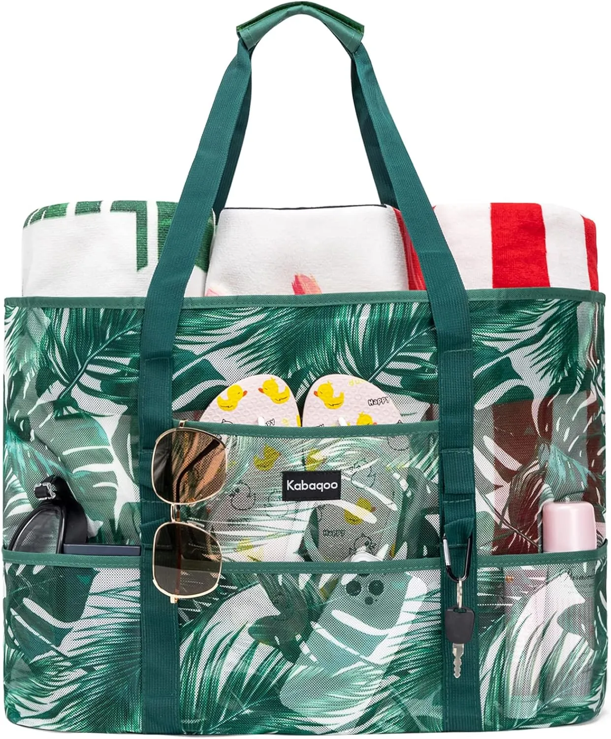 KABAQOO Mesh Beach Bag, Extra Large Beach Bags with 9 Pockets & Zipper Waterproof Lightweight Beach Tote for Beach/Pool Trip