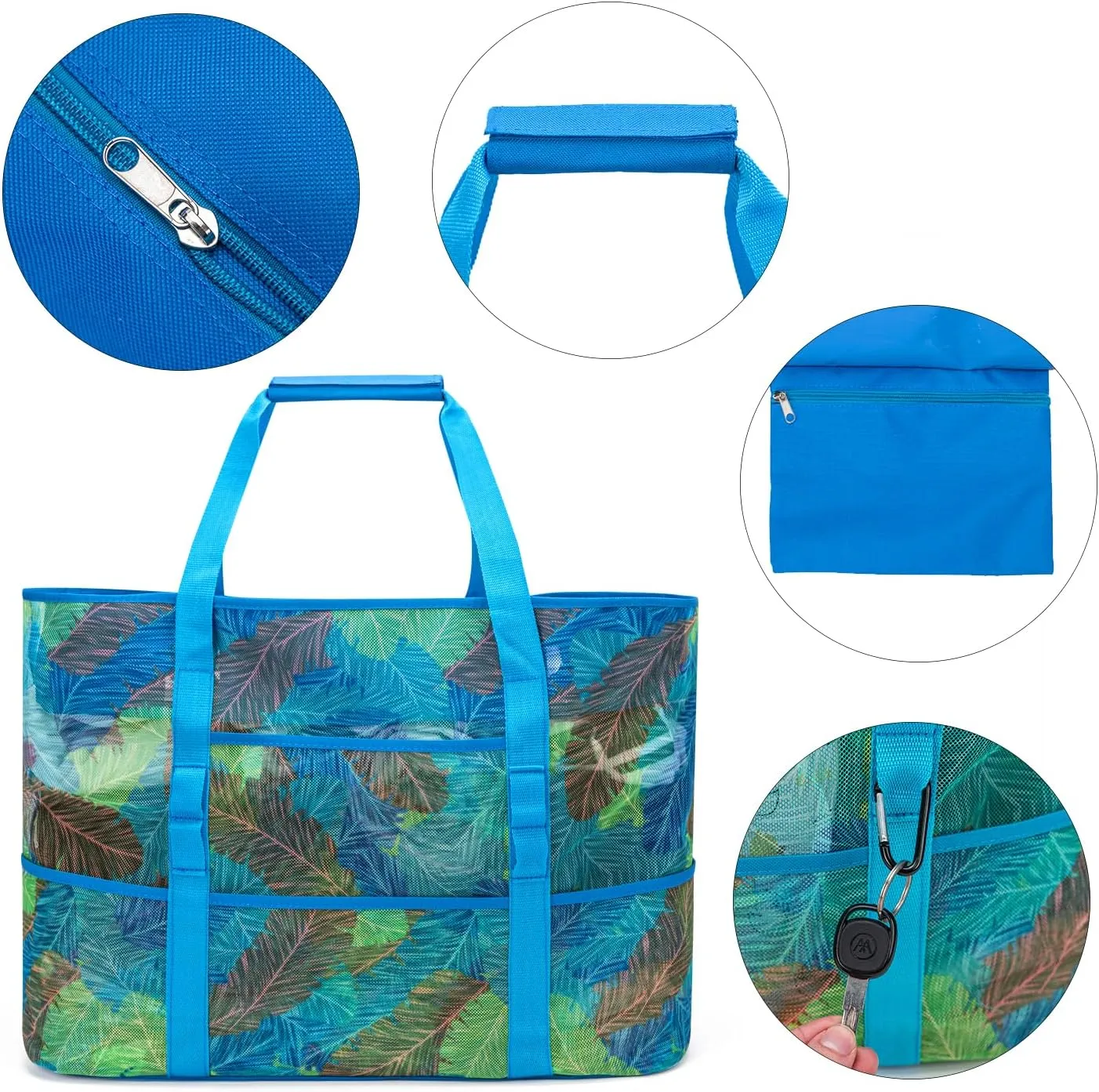 KABAQOO Mesh Beach Bag, Extra Large Beach Bags with 9 Pockets & Zipper Waterproof Lightweight Beach Tote for Beach/Pool Trip