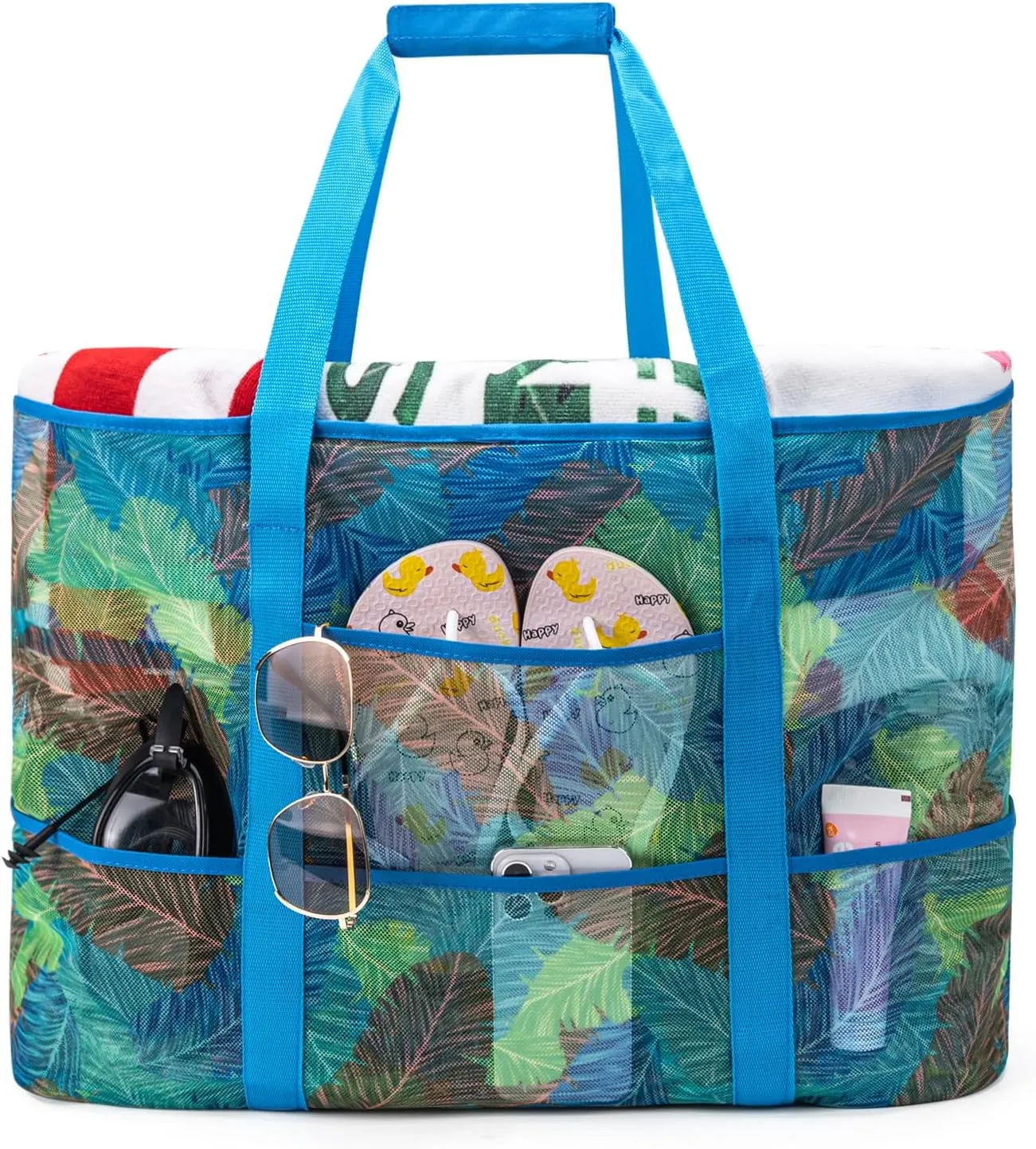 KABAQOO Mesh Beach Bag, Extra Large Beach Bags with 9 Pockets & Zipper Waterproof Lightweight Beach Tote for Beach/Pool Trip