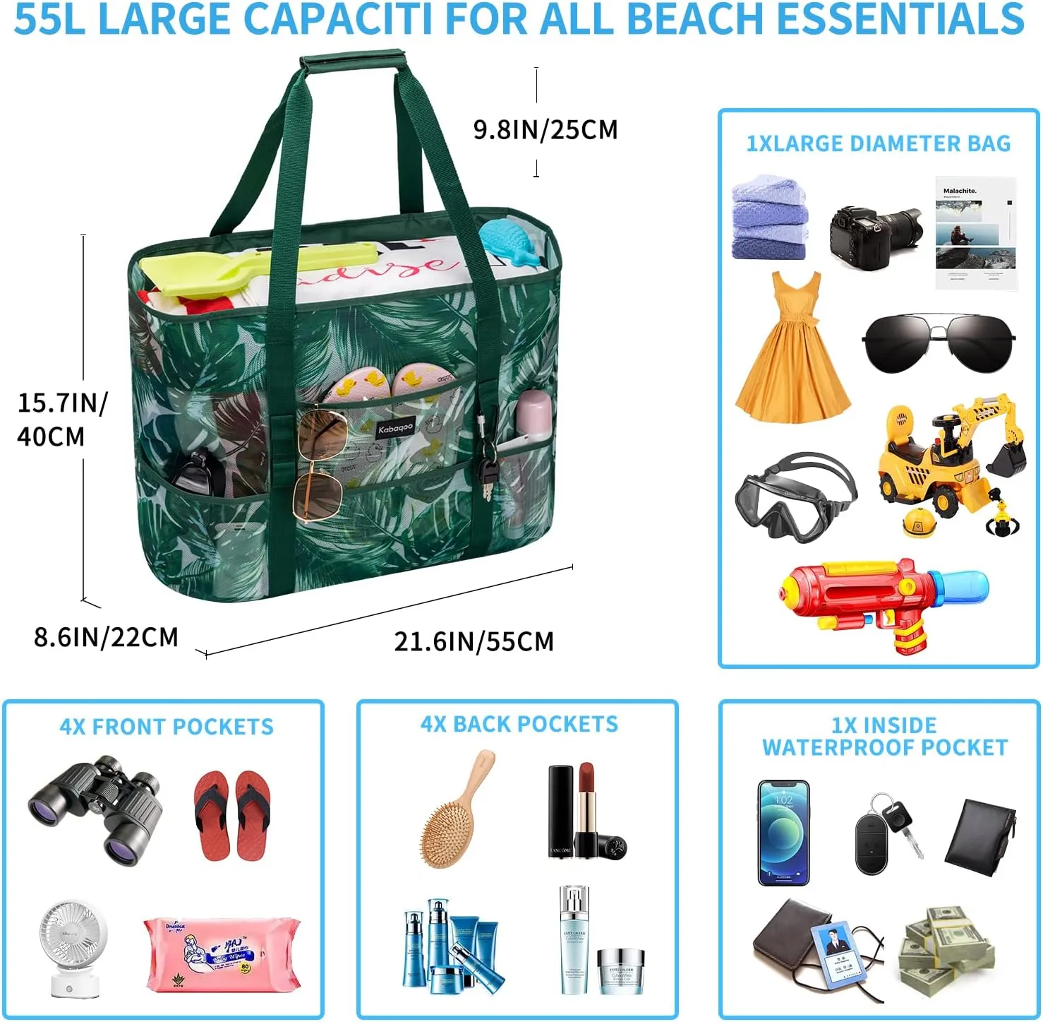 KABAQOO Mesh Beach Bag, Extra Large Beach Bags with 9 Pockets & Zipper Waterproof Lightweight Beach Tote for Beach/Pool Trip