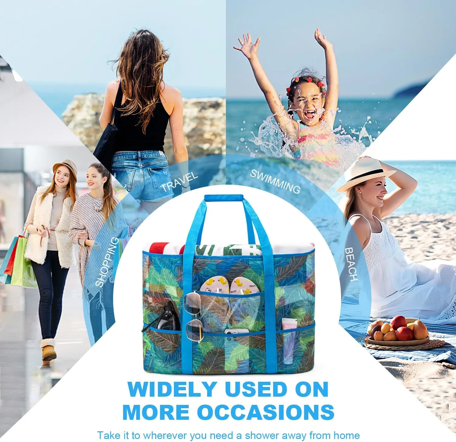KABAQOO Mesh Beach Bag, Extra Large Beach Bags with 9 Pockets & Zipper Waterproof Lightweight Beach Tote for Beach/Pool Trip