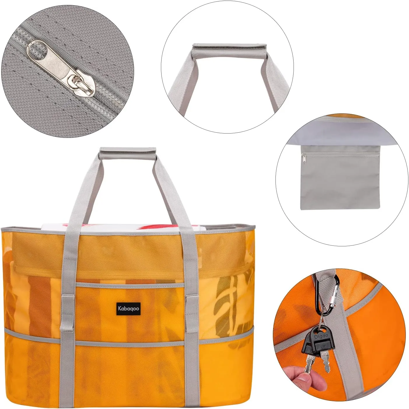 KABAQOO Mesh Beach Bag, Extra Large Beach Bags with 9 Pockets & Zipper Waterproof Lightweight Beach Tote for Beach/Pool Trip