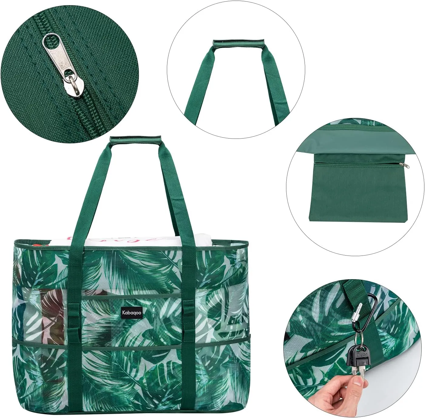 KABAQOO Mesh Beach Bag, Extra Large Beach Bags with 9 Pockets & Zipper Waterproof Lightweight Beach Tote for Beach/Pool Trip