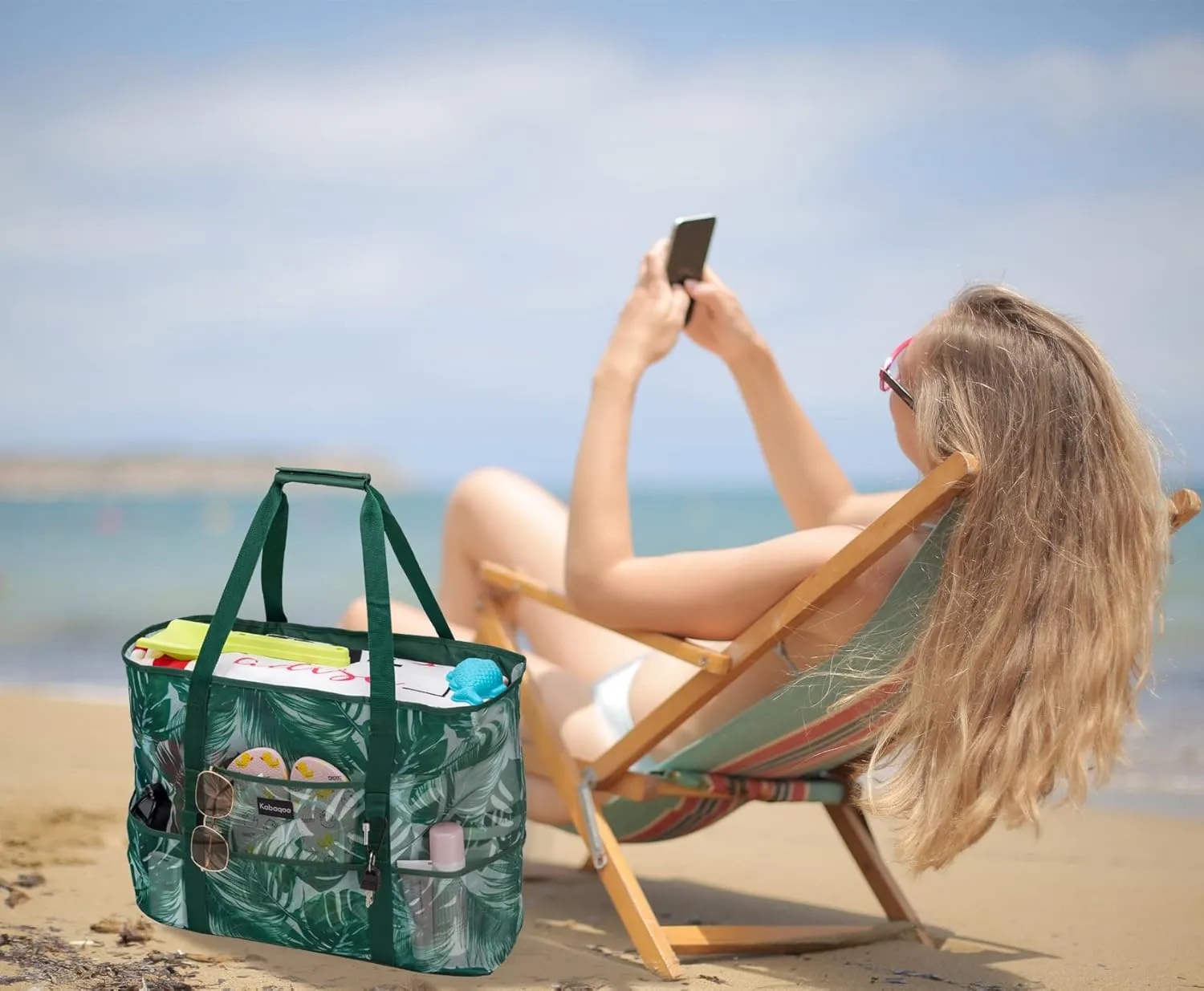 KABAQOO Mesh Beach Bag, Extra Large Beach Bags with 9 Pockets & Zipper Waterproof Lightweight Beach Tote for Beach/Pool Trip