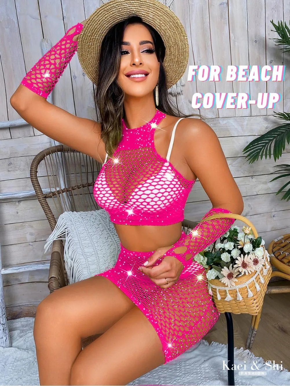 Kaei&Shi Rave Outfits for Women Festival,Glitter Rhinestone Fishnet Skirt Set,Sexy Mesh Swimsuit Cover Up Pool Party Outfit