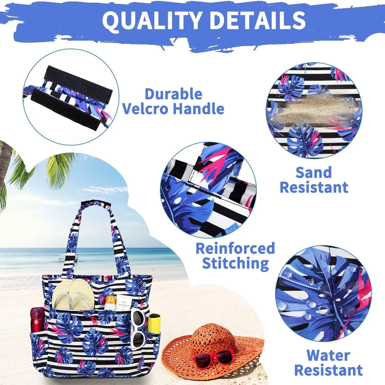 Kasqo Beach Tote Bags for Women, Waterproof Sandproof Large Pool Bag Stylish Zipper Beach Tote for Gym Travel Shopping School