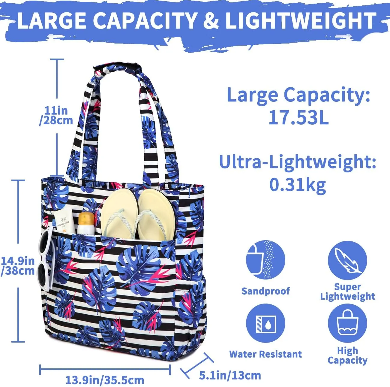 Kasqo Beach Tote Bags for Women, Waterproof Sandproof Large Pool Bag Stylish Zipper Beach Tote for Gym Travel Shopping School