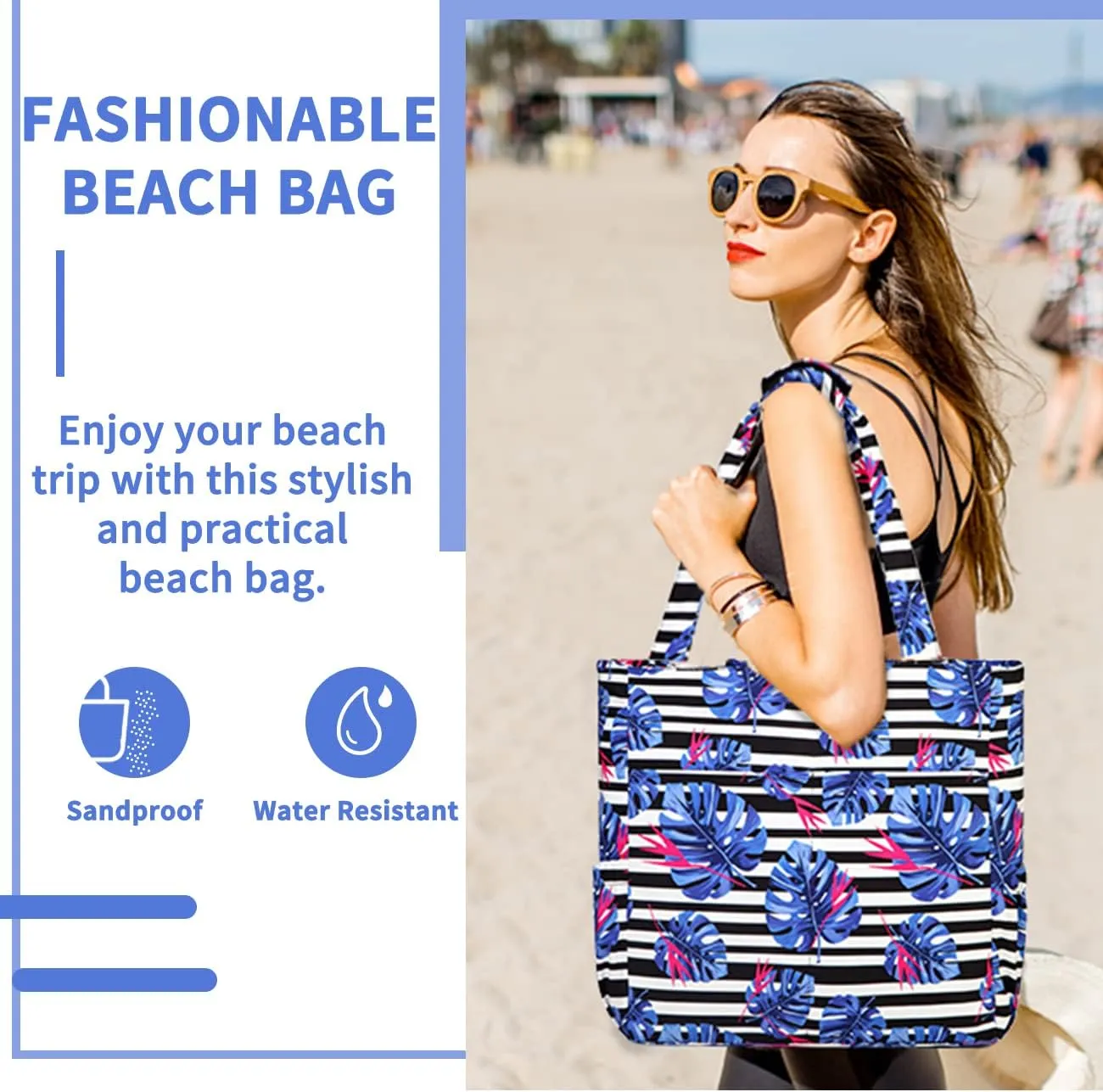 Kasqo Beach Tote Bags for Women, Waterproof Sandproof Large Pool Bag Stylish Zipper Beach Tote for Gym Travel Shopping School