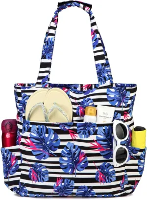 Kasqo Beach Tote Bags for Women, Waterproof Sandproof Large Pool Bag Stylish Zipper Beach Tote for Gym Travel Shopping School