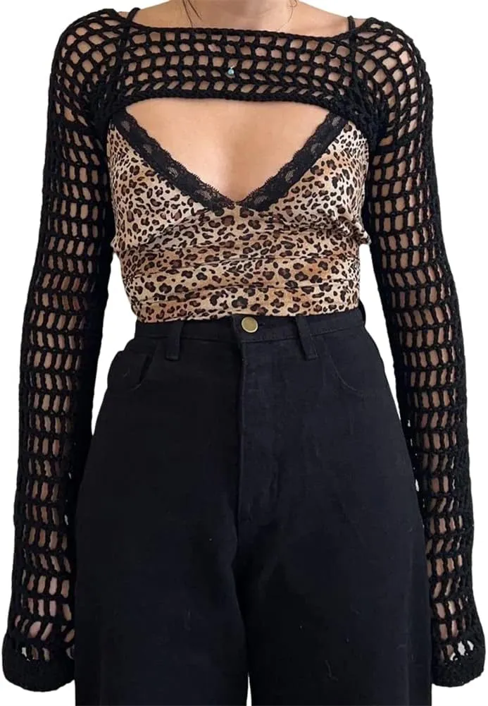 KEOMUD Women Mesh Crochet Crop Top Long Sleeve Hollow Out Cropped Knit Sweater Bikini Beach See Through Cover Ups