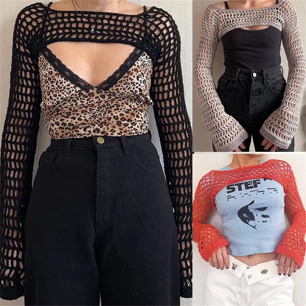 KEOMUD Women Mesh Crochet Crop Top Long Sleeve Hollow Out Cropped Knit Sweater Bikini Beach See Through Cover Ups