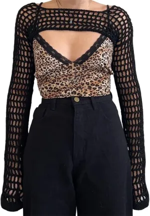 KEOMUD Women Mesh Crochet Crop Top Long Sleeve Hollow Out Cropped Knit Sweater Bikini Beach See Through Cover Ups