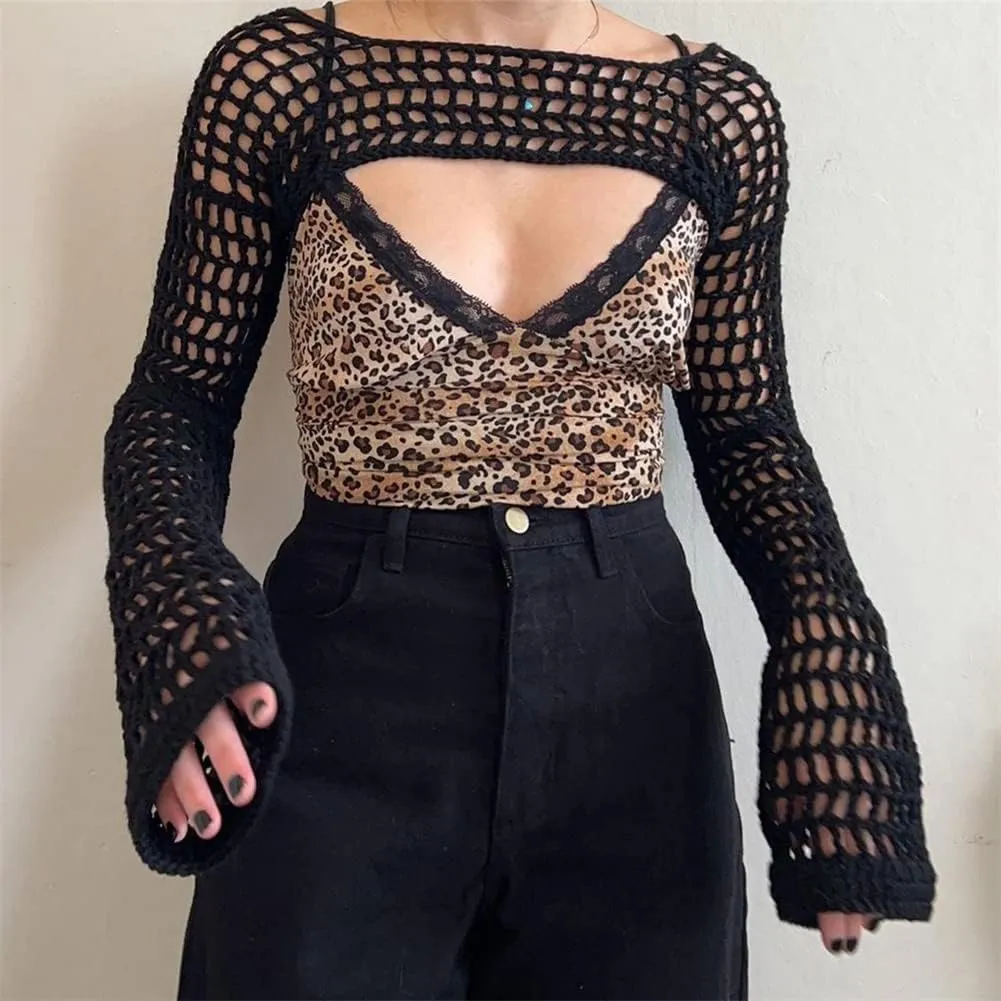 KEOMUD Women Mesh Crochet Crop Top Long Sleeve Hollow Out Cropped Knit Sweater Bikini Beach See Through Cover Ups