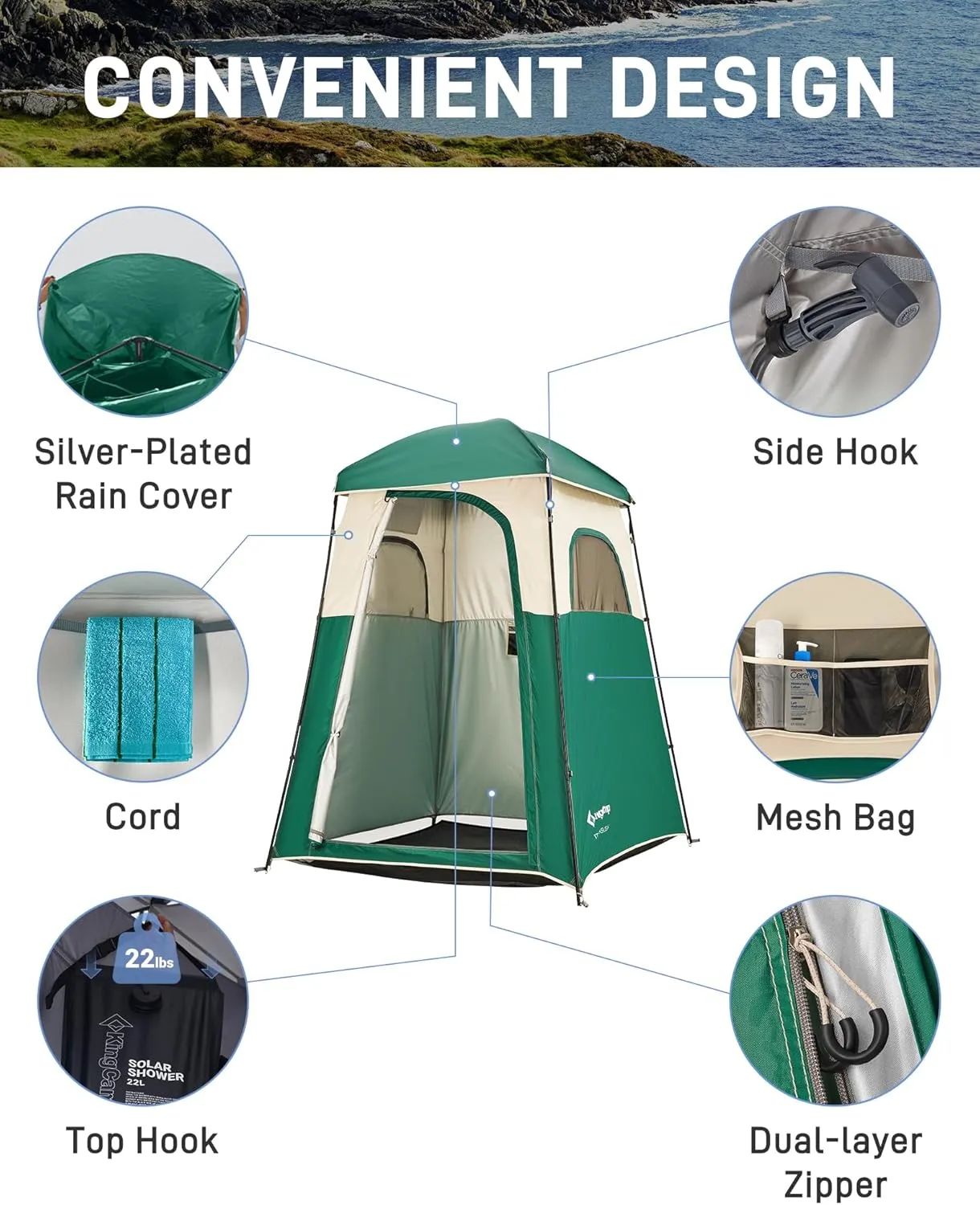 KingCamp Shower Tent, Portable Privacy Tent Outdoor Camping 1/2 Room Toilet Tents with Shower Bag & Dressing Room for Travel Beach Tailgate