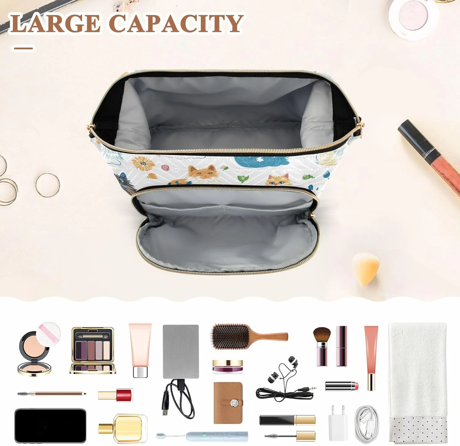 KLL Beauty Himalayancats White Makeup Bags Zipper Make Up Bags Cosmetic Bags For Purse for Makeup Organizer