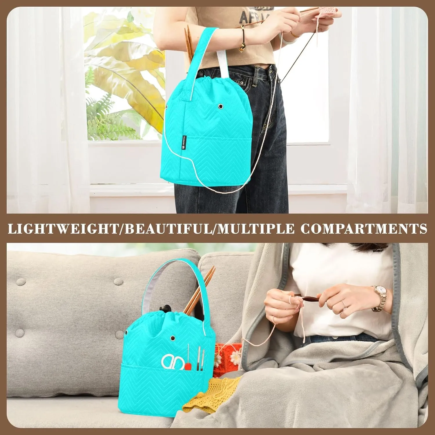 Knitting Bag Cyan Aqua Drawstring Yarn Storage Bags Yarn Holder for Crochet Accessories, Knitting Needles