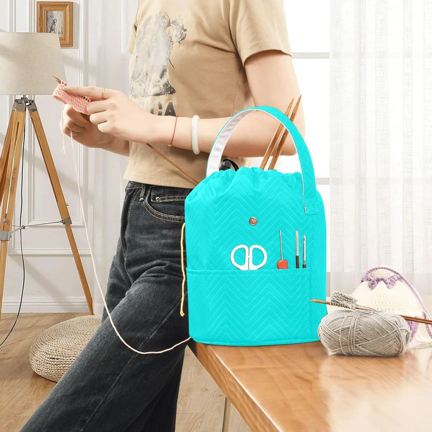 Knitting Bag Cyan Aqua Drawstring Yarn Storage Bags Yarn Holder for Crochet Accessories, Knitting Needles
