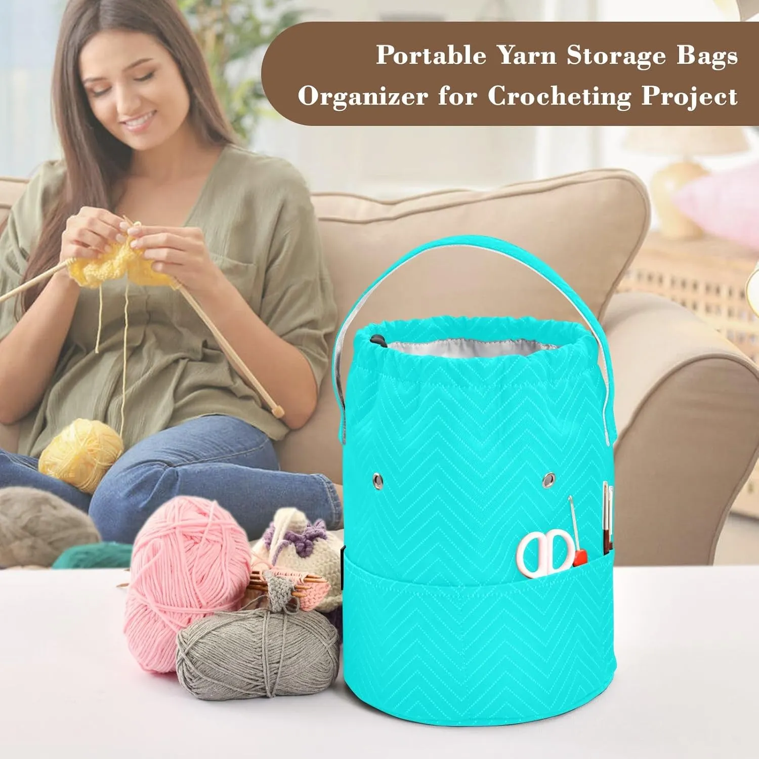 Knitting Bag Cyan Aqua Drawstring Yarn Storage Bags Yarn Holder for Crochet Accessories, Knitting Needles