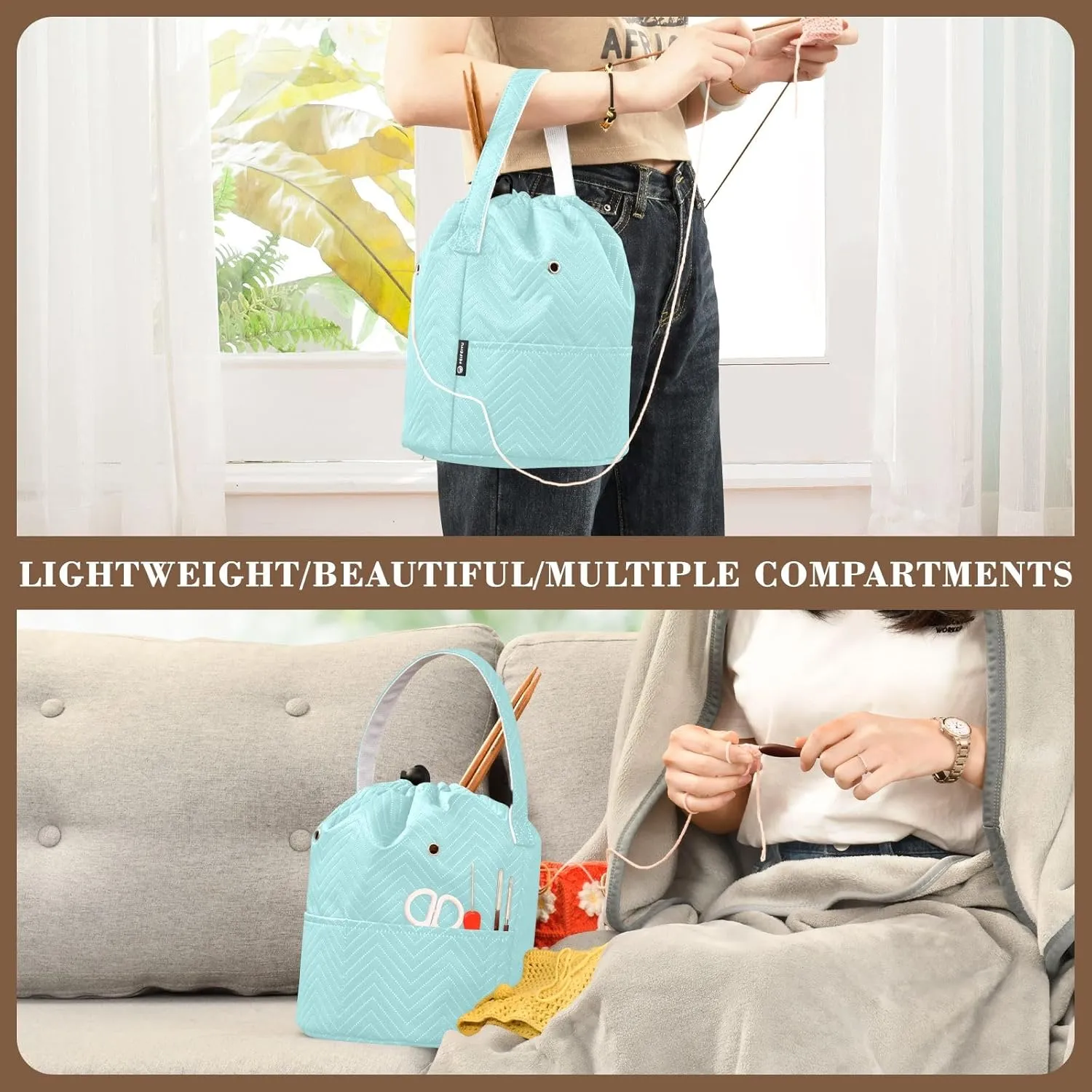 Knitting Bag Pale Turquoise Yarn Bag with Holes Crochet Bag Organizer for Travelling