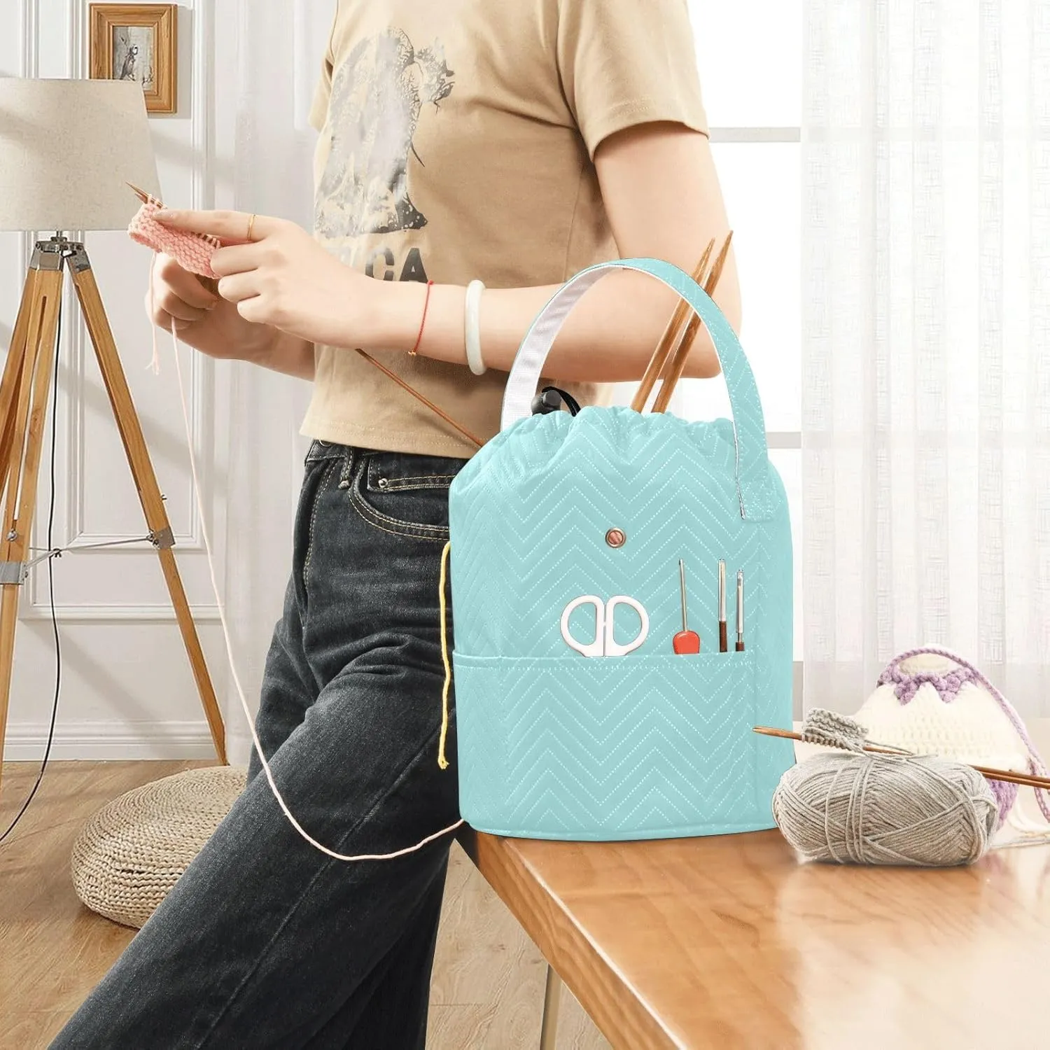 Knitting Bag Pale Turquoise Yarn Bag with Holes Crochet Bag Organizer for Travelling