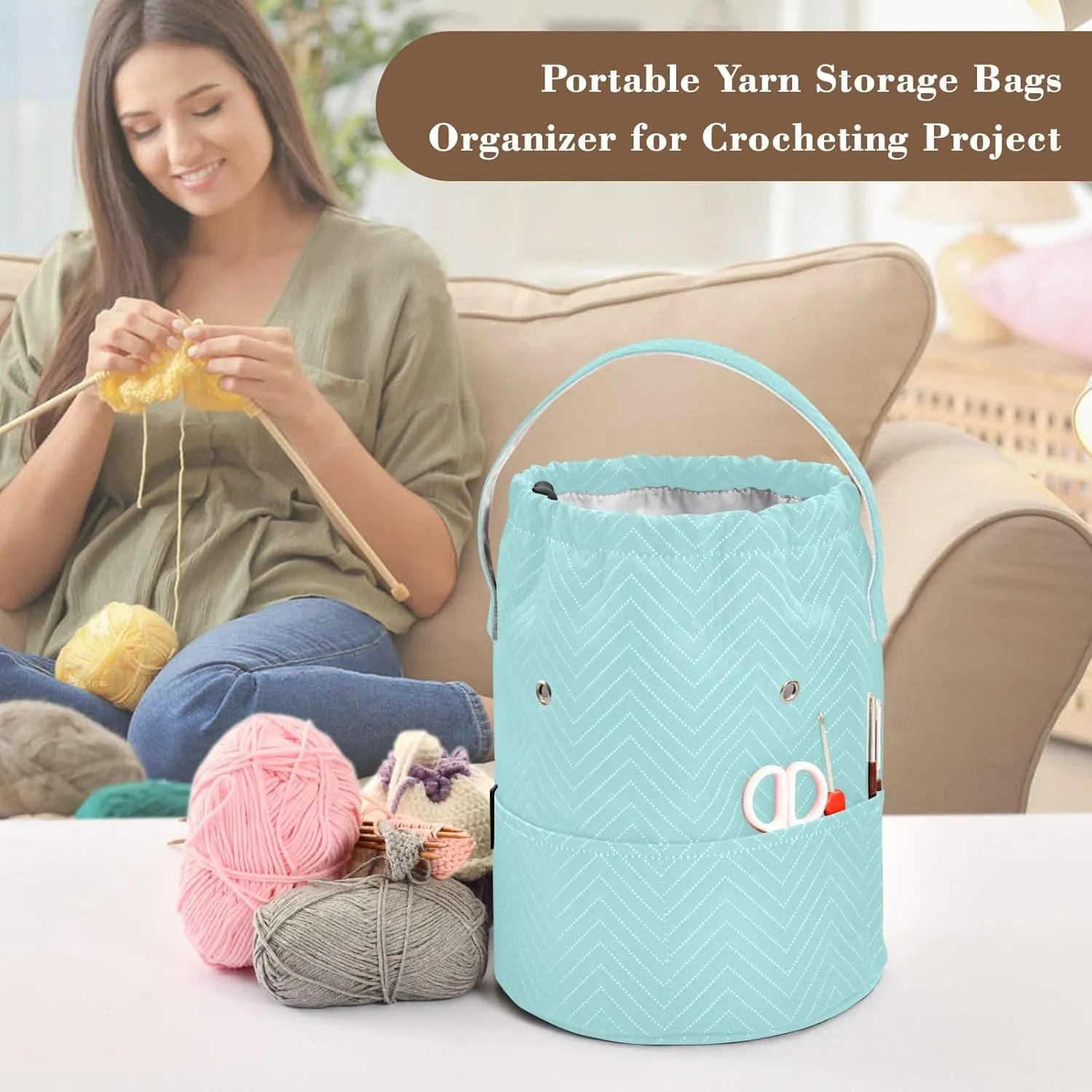 Knitting Bag Pale Turquoise Yarn Bag with Holes Crochet Bag Organizer for Travelling
