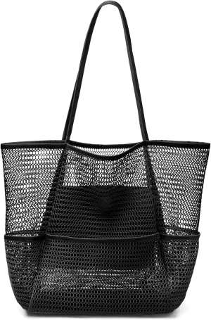 KPX Beach Bag with Mini Pocket, Beach Tote Bags for Women Large Foldable Mesh Swimming Pool Travel Bags - Sandproof