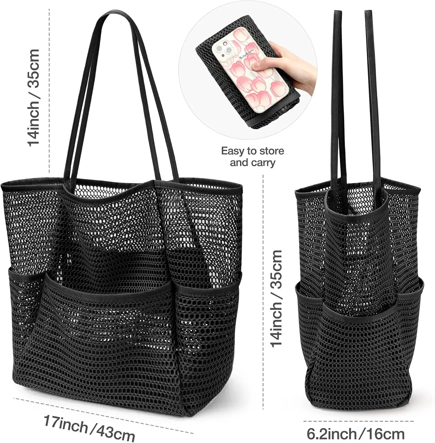 KPX Beach Bag with Mini Pocket, Beach Tote Bags for Women Large Foldable Mesh Swimming Pool Travel Bags - Sandproof