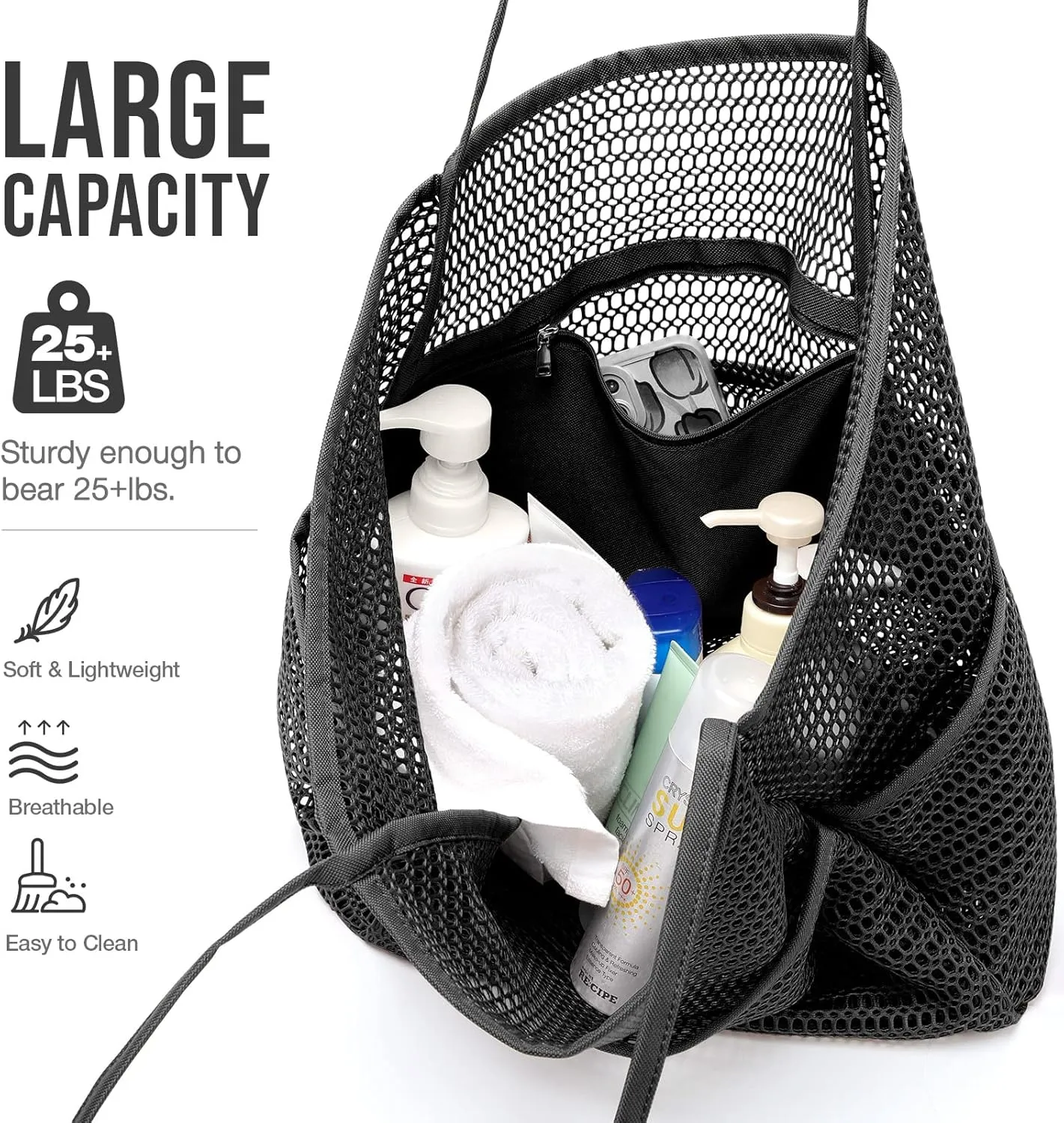 KPX Beach Bag with Mini Pocket, Beach Tote Bags for Women Large Foldable Mesh Swimming Pool Travel Bags - Sandproof