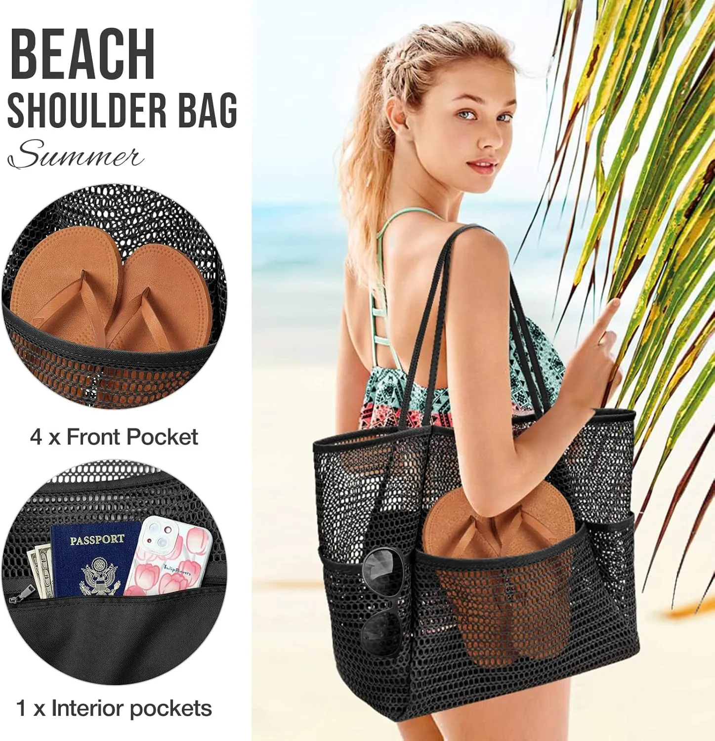 KPX Beach Bag with Mini Pocket, Beach Tote Bags for Women Large Foldable Mesh Swimming Pool Travel Bags - Sandproof