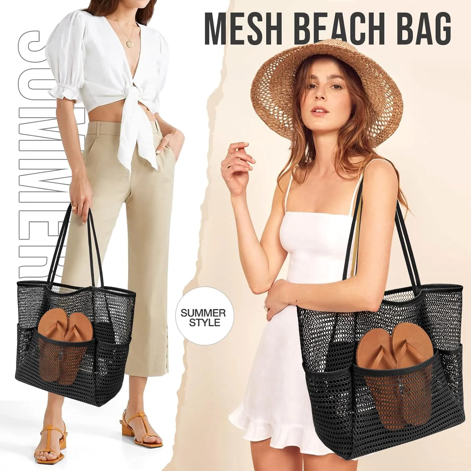 KPX Beach Bag with Mini Pocket, Beach Tote Bags for Women Large Foldable Mesh Swimming Pool Travel Bags - Sandproof