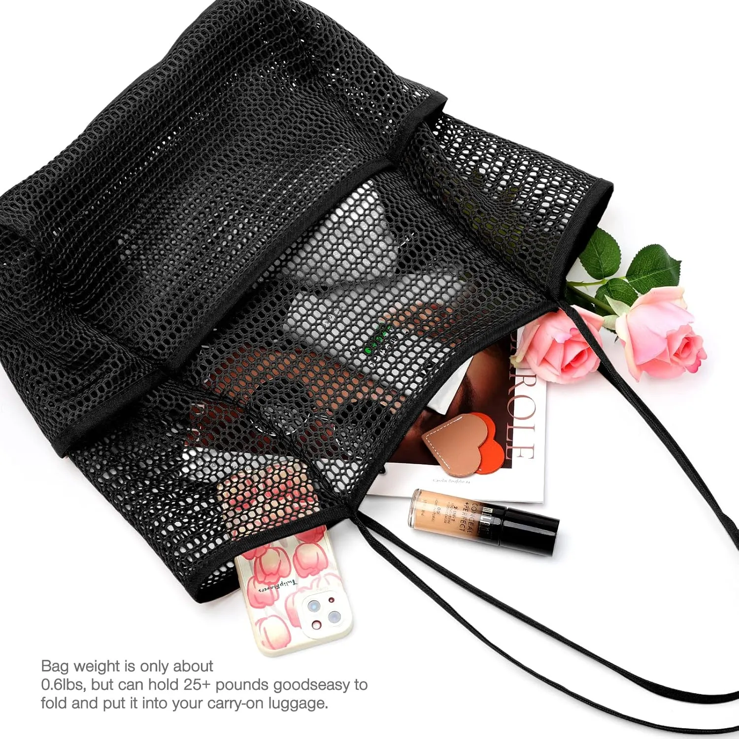 KPX Beach Bag with Mini Pocket, Beach Tote Bags for Women Large Foldable Mesh Swimming Pool Travel Bags - Sandproof