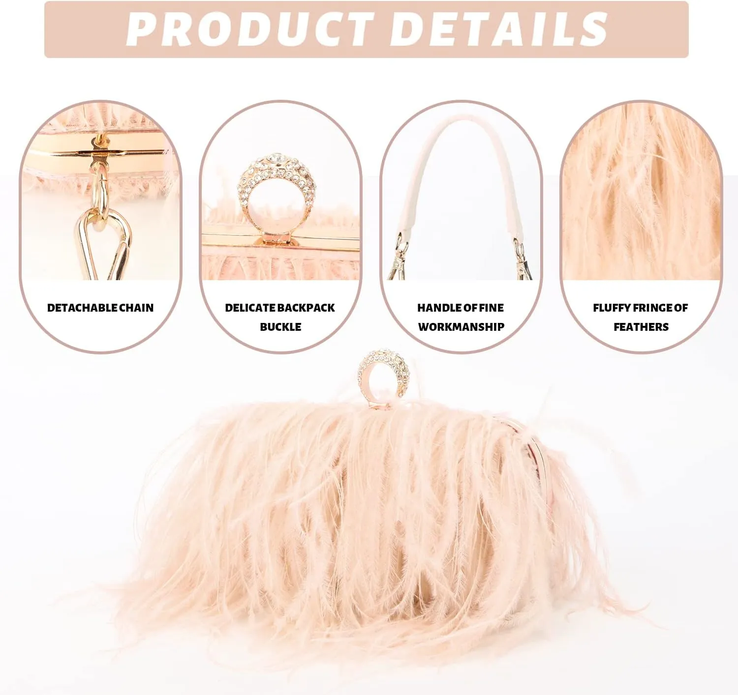 KUANG! Real Natural Ostrich Feather Clutch Evening Bag Fashion Handbag Purse for Banquet Party
