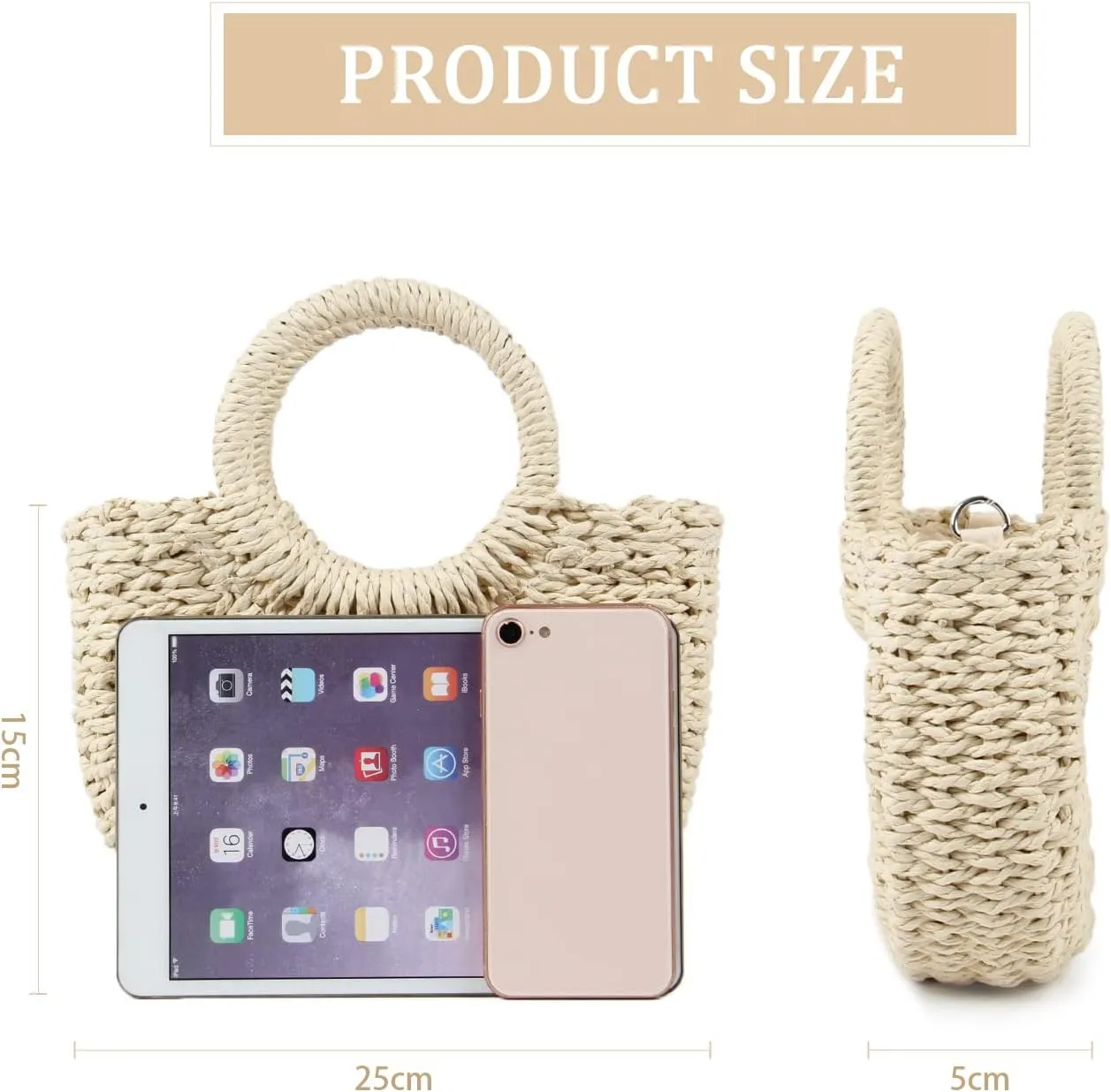 KUANG! Women Straw Beach Tote Handbag Hobo Bag Round Handle Summer Handwoven Bags Small Purse with Strap