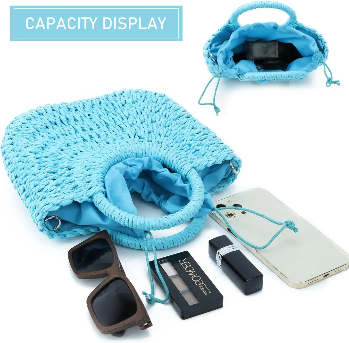 KUANG! Women Straw Beach Tote Handbag Hobo Bag Round Handle Summer Handwoven Bags Small Purse with Strap