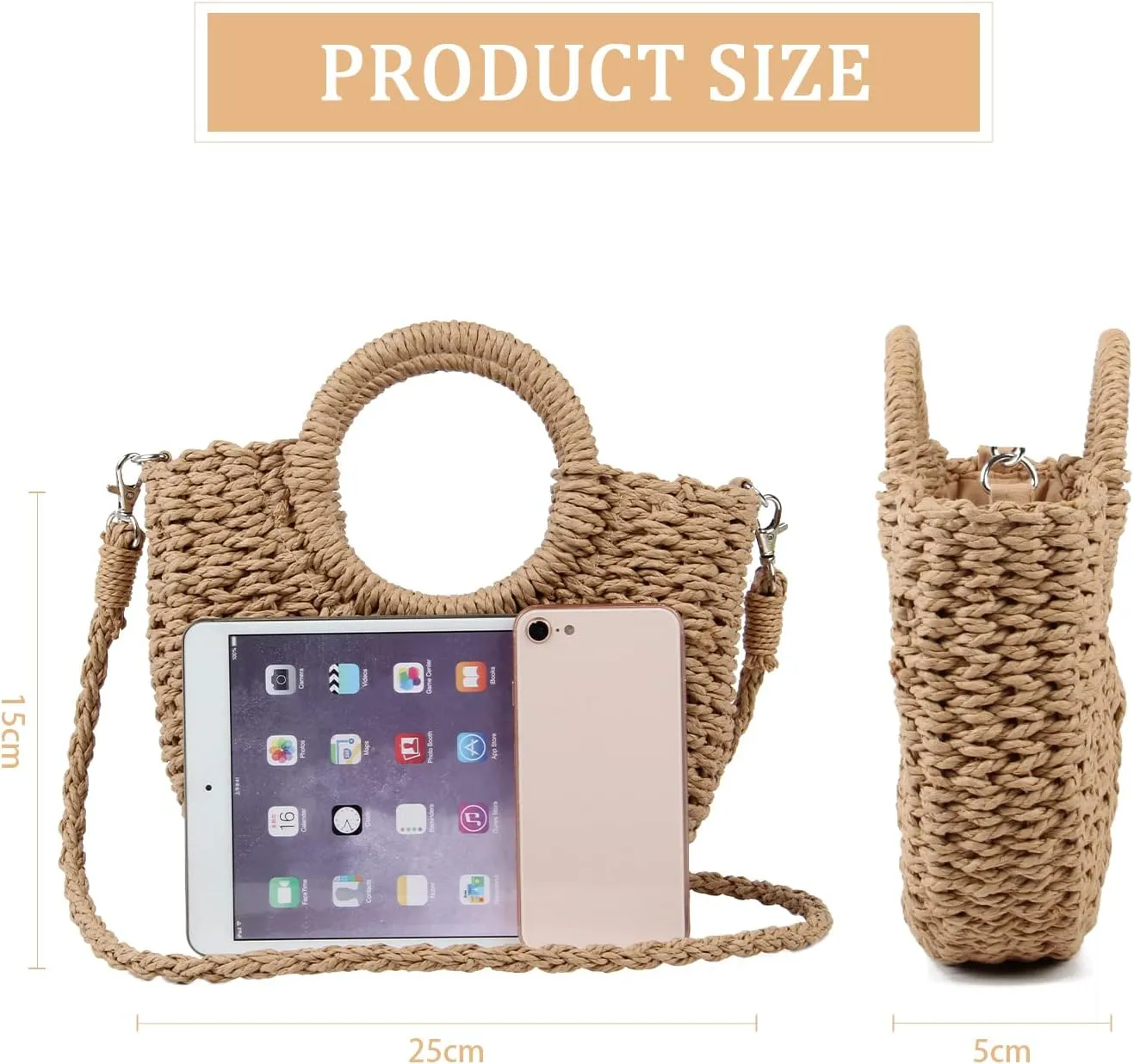KUANG! Women Straw Beach Tote Handbag Hobo Bag Round Handle Summer Handwoven Bags Small Purse with Strap