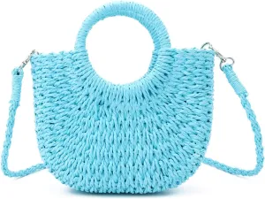 KUANG! Women Straw Beach Tote Handbag Hobo Bag Round Handle Summer Handwoven Bags Small Purse with Strap