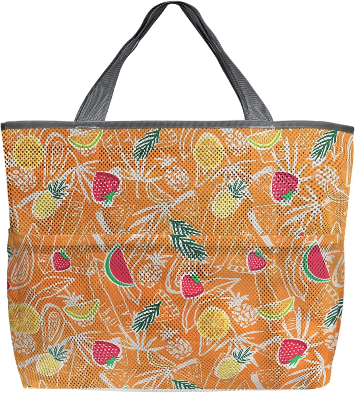 Large Beach Bag for Women, Summer Fruits Mesh Beach Tote with Pockets, Pineapple Strawberry Palm Leaves Orange Travel Toy Bag for Toys, Towel, Flip Flops
